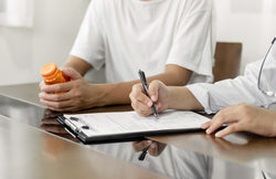 An individual wearing a white shirt and holding an orange bottle discussing a medication and treatment plan with their doctor.