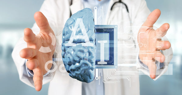 A person in a white lab coat with their hands spread. Between them is a rendering of a brain and circuit with the word "AI".