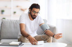 A man with a beard and glasses sits on the couch at home using a white blood pressure monitor to take his blood pressure.